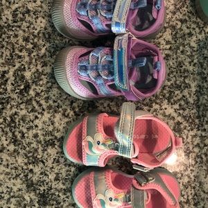 2 pairs carters toddler sandals size 5. Purple pair never worn. Unicorn worn 2x